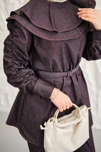 Yaka Ve Kol Büzgülü Kemer Bağlamalı Kot Takım Mürdüm