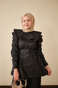 Yaka Ve Kol Büzgülü Kemer Bağlamalı Kot Takım Siyah