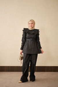 Yaka Ve Kol Büzgülü Kemer Bağlamalı Kot Takım Siyah