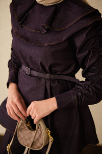 Yaka Ve Kol Büzgülü Kemer Bağlamalı Kot Takım Mor