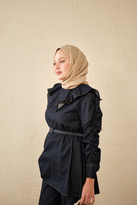 Yaka Ve Kol Büzgülü Kemer Bağlamalı Kot Takım Lacivert