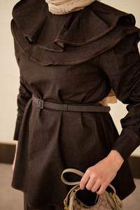 Yaka Ve Kol Büzgülü Kemer Bağlamalı Kot Takım Kahverengi