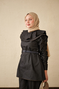 Yaka Ve Kol Büzgülü Kemer Bağlamalı Kot Takım Siyah