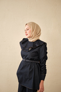 Yaka Ve Kol Büzgülü Kemer Bağlamalı Kot Takım Lacivert