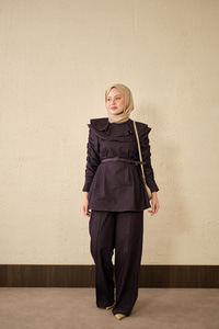 Yaka Ve Kol Büzgülü Kemer Bağlamalı Kot Takım Mor