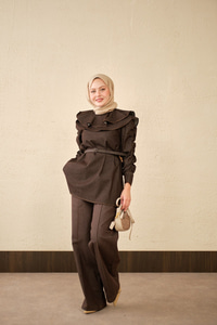 Yaka Ve Kol Büzgülü Kemer Bağlamalı Kot Takım Kahverengi