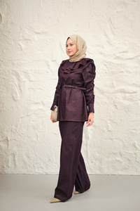 Yaka Ve Kol Büzgülü Kemer Bağlamalı Kot Takım Bordo