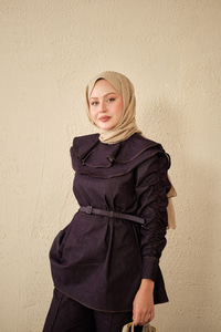 Yaka Ve Kol Büzgülü Kemer Bağlamalı Kot Takım Mor