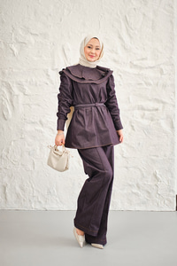 Yaka Ve Kol Büzgülü Kemer Bağlamalı Kot Takım Mürdüm