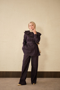 Yaka Ve Kol Büzgülü Kemer Bağlamalı Kot Takım Mor