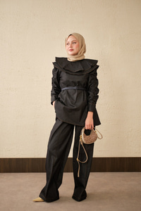 Yaka Ve Kol Büzgülü Kemer Bağlamalı Kot Takım Siyah