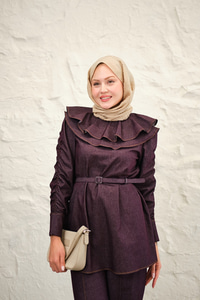 Yaka Ve Kol Büzgülü Kemer Bağlamalı Kot Takım Bordo