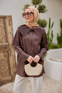 Yaka Ve Kol Pilise Detaylı Gömlek Kahverengi