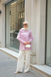 Yaka Ve Kol Pilise Detaylı Gömlek Lila