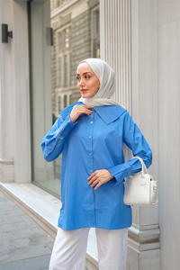 Yaka Ve Kol Pilise Detaylı Gömlek Mavi