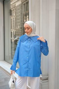 Yaka Ve Kol Pilise Detaylı Gömlek Mavi