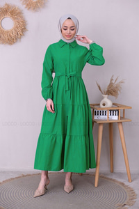 Uygun Fiyatlı YAKALI KUSAKLI TESETTUR ELBISE ZUMRUT YESIL | Loccomoda.com 