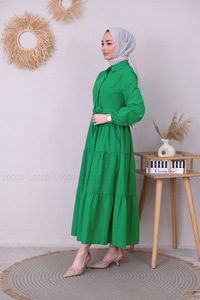 Uygun Fiyatlı YAKALI KUSAKLI TESETTUR ELBISE ZUMRUT YESIL | Loccomoda.com 