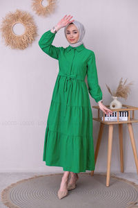Uygun Fiyatlı YAKALI KUSAKLI TESETTUR ELBISE ZUMRUT YESIL | Loccomoda.com 