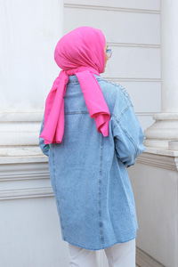 Yakası Boncuk Detaylı Denim Ceket Buz Mavi