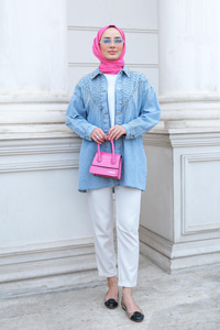 Yakası Boncuk Detaylı Denim Ceket Buz Mavi