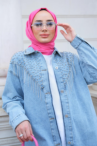 Yakası Boncuk Detaylı Denim Ceket Buz Mavi