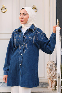 Yakası Boncuk Detaylı Denim Ceket  Koyu Mavi