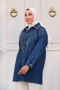 Yakası Boncuk Detaylı Denim Ceket  Koyu Mavi
