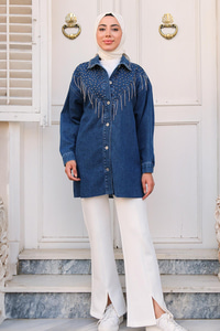 Yakası Boncuk Detaylı Denim Ceket  Koyu Mavi