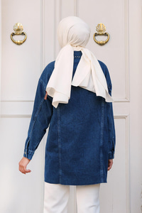 Yakası Boncuk Detaylı Denim Ceket  Koyu Mavi