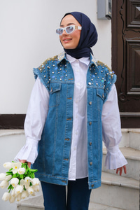 Yakası Çiçek İşlemeli Taşlı Kot Ceket Koyu Mavi