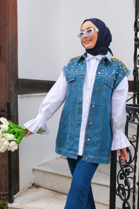 Yakası Çiçek İşlemeli Taşlı Kot Ceket Koyu Mavi