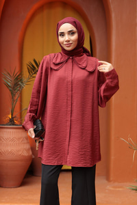 Yakası Dantel Detaylı Gömlek Bordo