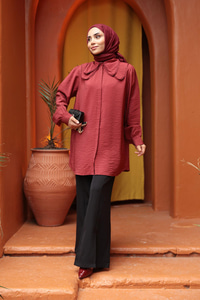 Yakası Dantel Detaylı Gömlek Bordo