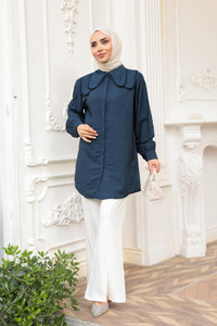 Yakası Dantel Detaylı Gömlek Lacivert