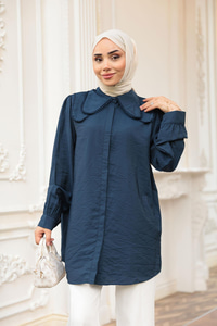 Yakası Dantel Detaylı Gömlek Lacivert