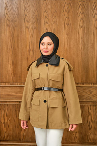 Yakası Deri Kemerli Kısa Ceket Kahverengi