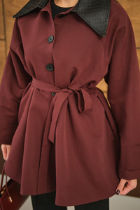 Yakası Deri Trenç Bordo