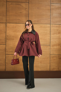 Yakası Deri Trenç Bordo