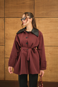 Yakası Deri Trenç Bordo