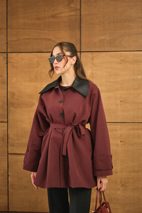 Yakası Deri Trenç Bordo