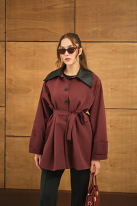 Yakası Deri Trenç Bordo