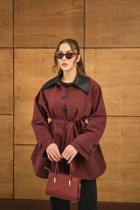 Yakası Deri Trenç Bordo