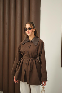 Yakası Deri Trenç Kahverengi