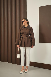 Yakası Deri Trenç Kahverengi