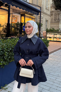 Yakası Deri Trenç Lacivert