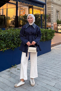 Yakası Deri Trenç Lacivert