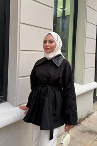 Yakası Deri Trenç Siyah