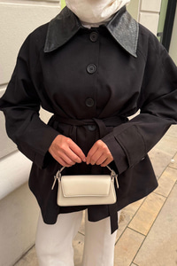 Yakası Deri Trenç Siyah