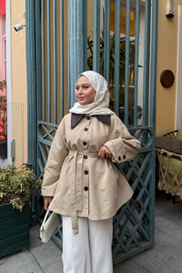 Yakası Deri Trenç Vizon